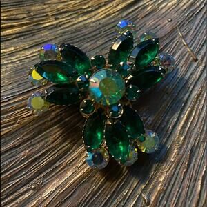 Vintage Green Rhinestones and Aurora Borealis Rhinestone Brooch